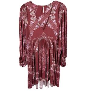 Free People Girl Talk Printed Tunic Top Poet Mini Dress V Neck Sz M,S Maroon Red